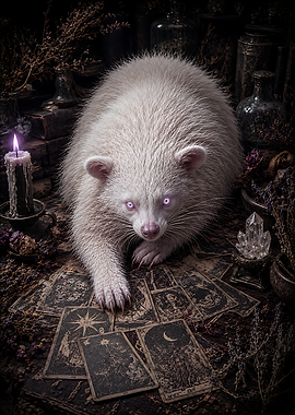 Albino Mystical Creature Reading Tarot Cards in Dark Alchemist Study