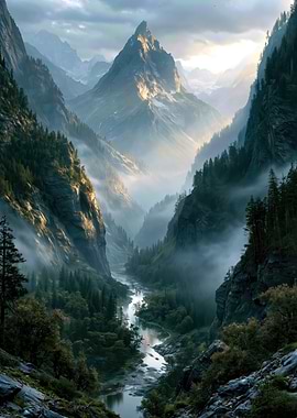 Misty Mountain Valley River Landscape