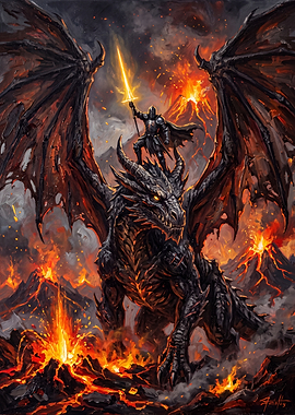 Knight Riding Dragon in Volcanic Landscape