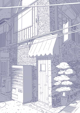 Quiet Japanese Alleyway Line Art