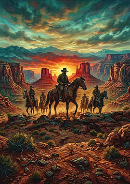 Cowboys Riding Through Desert Canyon