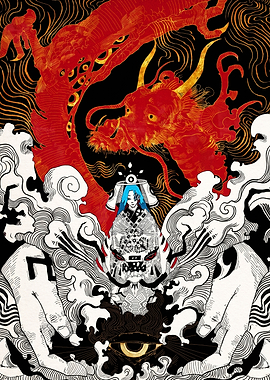 Mystical Dragon and Shrine Maiden Illustration