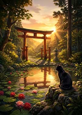 Black Cat at Japanese Torii Gate poster