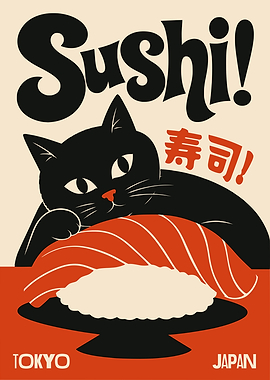 Vintage Style Sushi Cat Poster