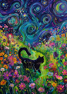 Black Cat in Starry Flower Field