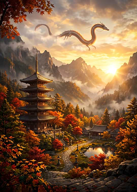 Golden Dragon Over Japanese Temple art poster