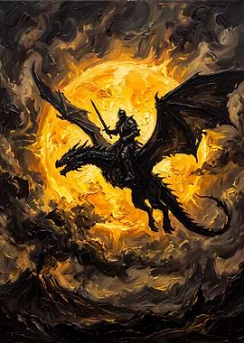 Knight Riding Dragon Against Golden Moon