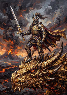 Knight Standing on Golden Dragon