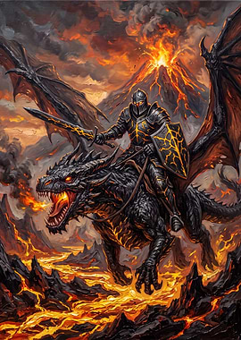 Knight Riding Dragon Over Volcano