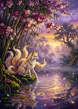 Nine-Tailed Fox in Enchanted Forest