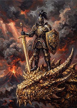 Knight Standing on Golden Dragon