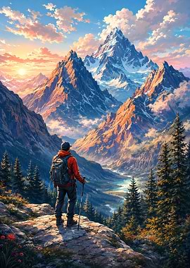 Hiker Overlooking Majestic Mountain Valley Epic Alpine Adventure
