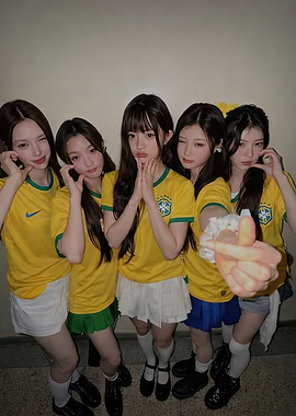 NewJeans members in Brazil soccer jerseys