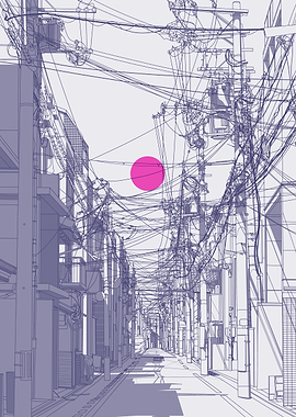 Japanese Street with Pink Sun