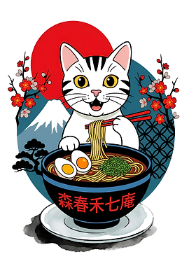 Cute Cat Eating Ramen japanese Food Illustration