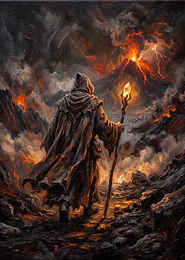 Wizard Walking Toward Volcanic Eruption