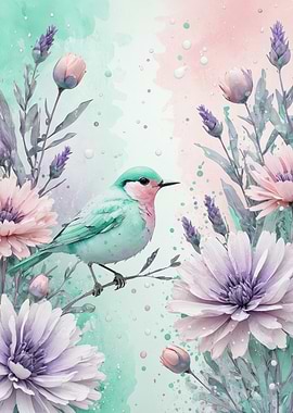 Pastel Bird and Bloom - Soft Watercolor Floral Illustration for Home Decor