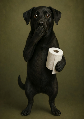 Surprised Black Dog Holding Toilet Paper