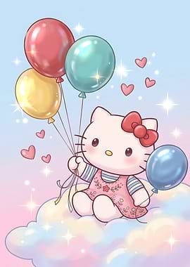 Hello Kitty Floating on Clouds