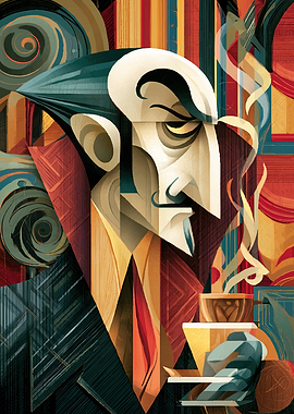 Stylized Vampire Drinking Coffee Portrait