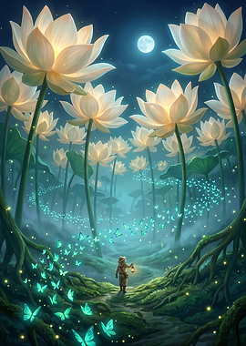 Magical Lotus Garden at Night