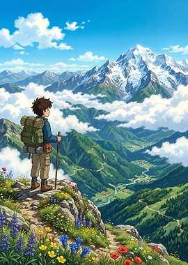 Anime Hiker Overlooking Alpine Valley