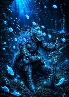 Underwater Knight Resting with Sword