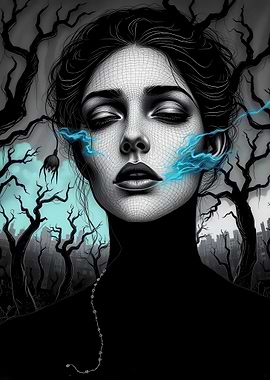 Surreal Wireframe Portrait with Blue Smoke