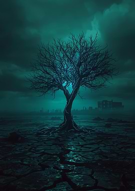 Luminous Lone Tree — Teal Dystopian Landscape
