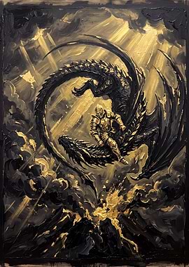 Knight Riding Dragon Over Volcano