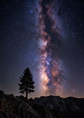 pine tree silhouetted against a vibrant night stars, colorful band of the sky Milky Way