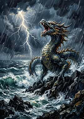 Dragon Roaring in Stormy Sea