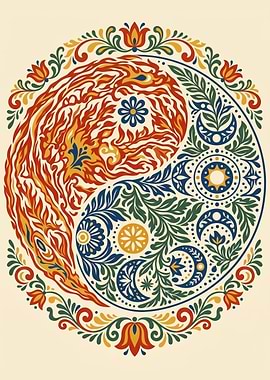 Traditional Scandinavian Kurbits art yin yang mandala