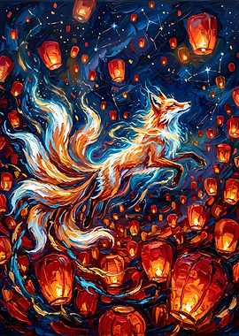 Nine-Tailed Fox Amidst Floating Lanterns