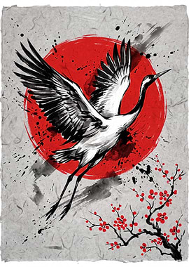 Japanese Crane and Red Sun Art