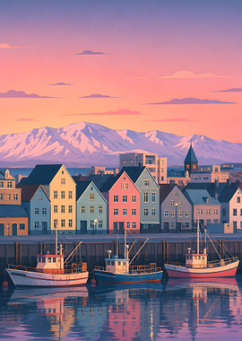 Colorful Harbor Town at Sunset