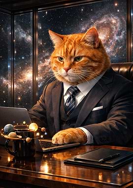 Business Cat Working in Space Office