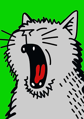 Yawning Grey Cat Cartoon Illustration