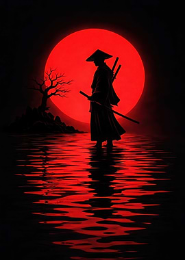 Samurai Silhouette Under Red Moon