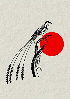 Minimalist Bird on Branch with Sun