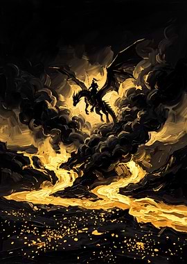 Knight Riding Dragon Over Lava