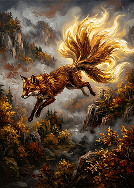 Fiery Nine-Tailed Fox in Autumn