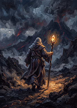 Wizard Walking Toward Volcanic Mountain