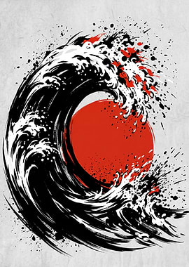 Abstract Japanese Wave and Sun Art
