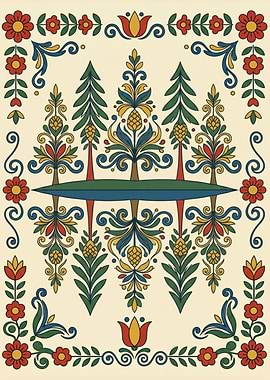 Reflected pine tree Scandinavian Kurbits folk art