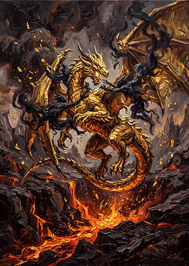 Golden Dragon Rising from Lava