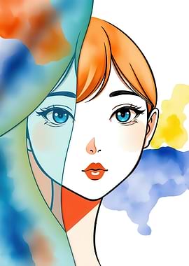 Abstract Watercolor Anime Girl Portrait