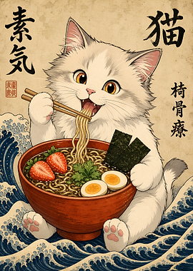 Cute Cat Eating Ramen Ukiyo-e Style