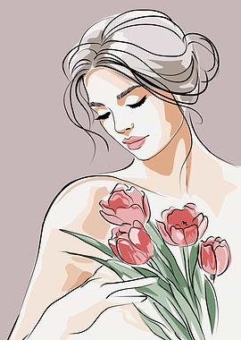 Woman Holding Pink Tulips Illustration