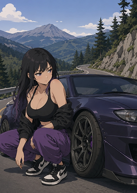 Anime Girl with Purple Sports Car